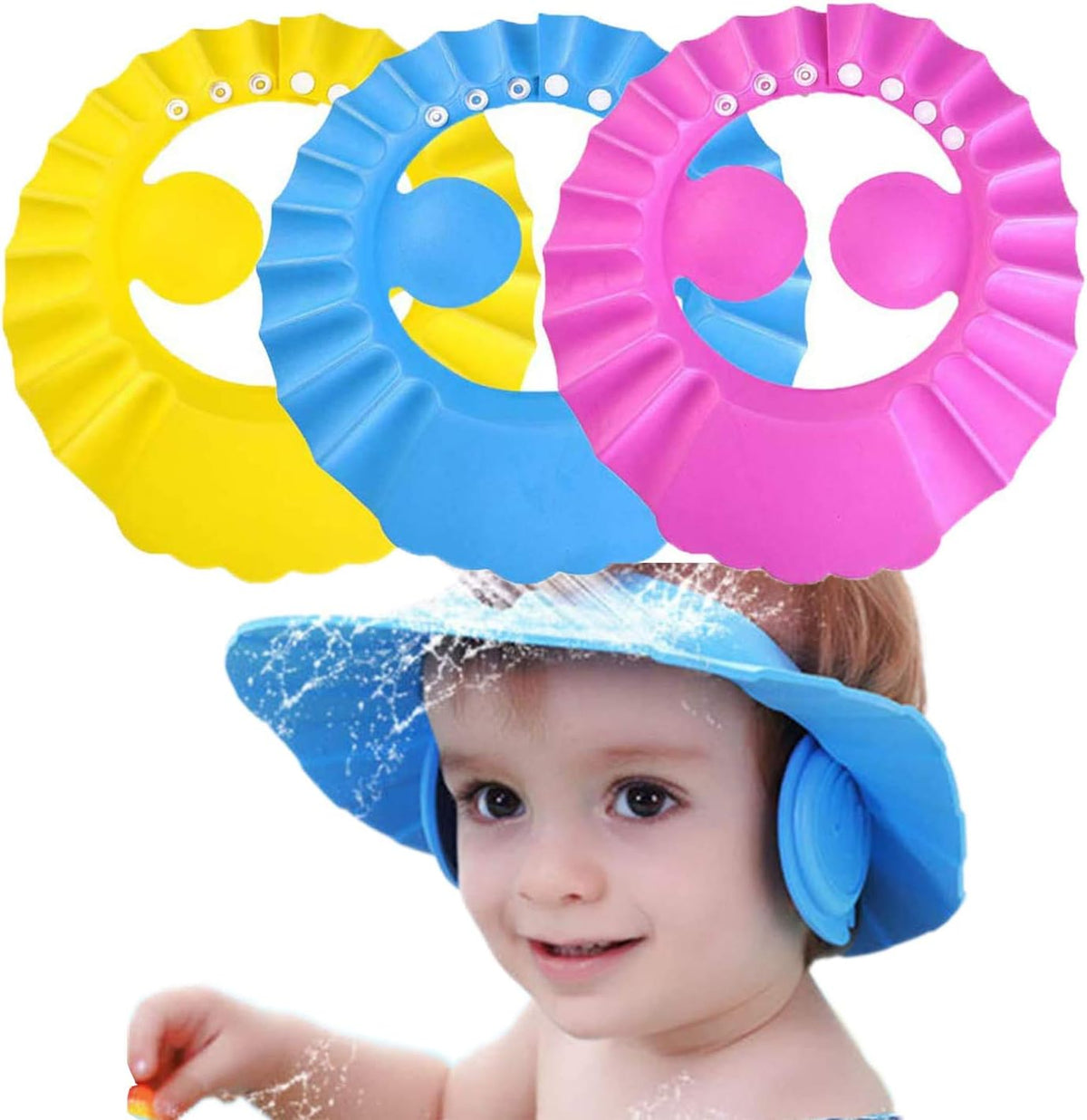 Shower Cap for Baby with Ear Shield Cover, Made of Soft and Healthy Material, Adjustable Strap Visor Bath Cap for Kids