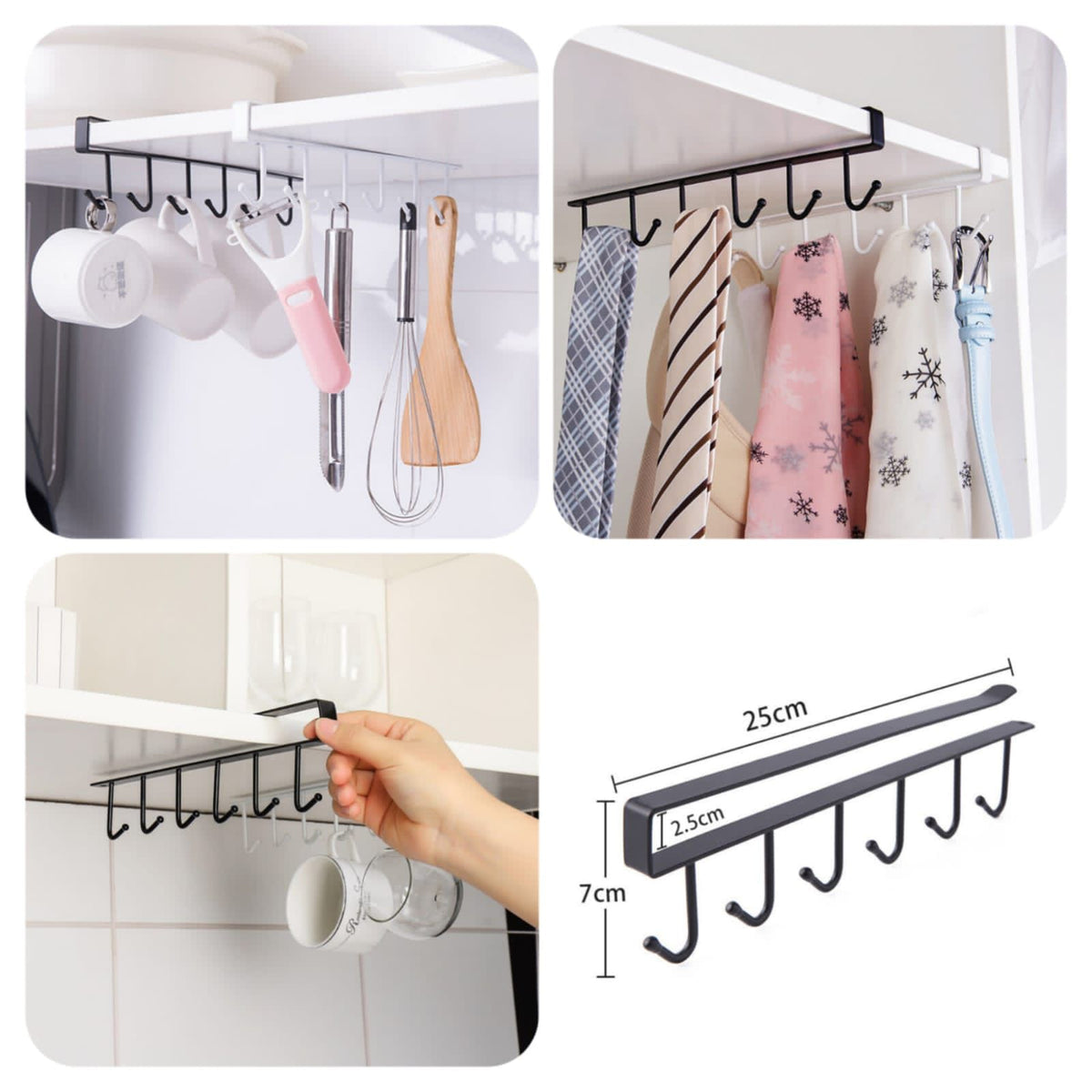 6 Hooks Under Shelf Cup Holder Mutifunctional Kitchen Utensil Rack for Hanging - Black