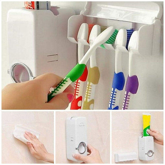 Wall Mounted Plastic Dust Proof Automatic Toothpaste Dispenser with Toothbrush Holder