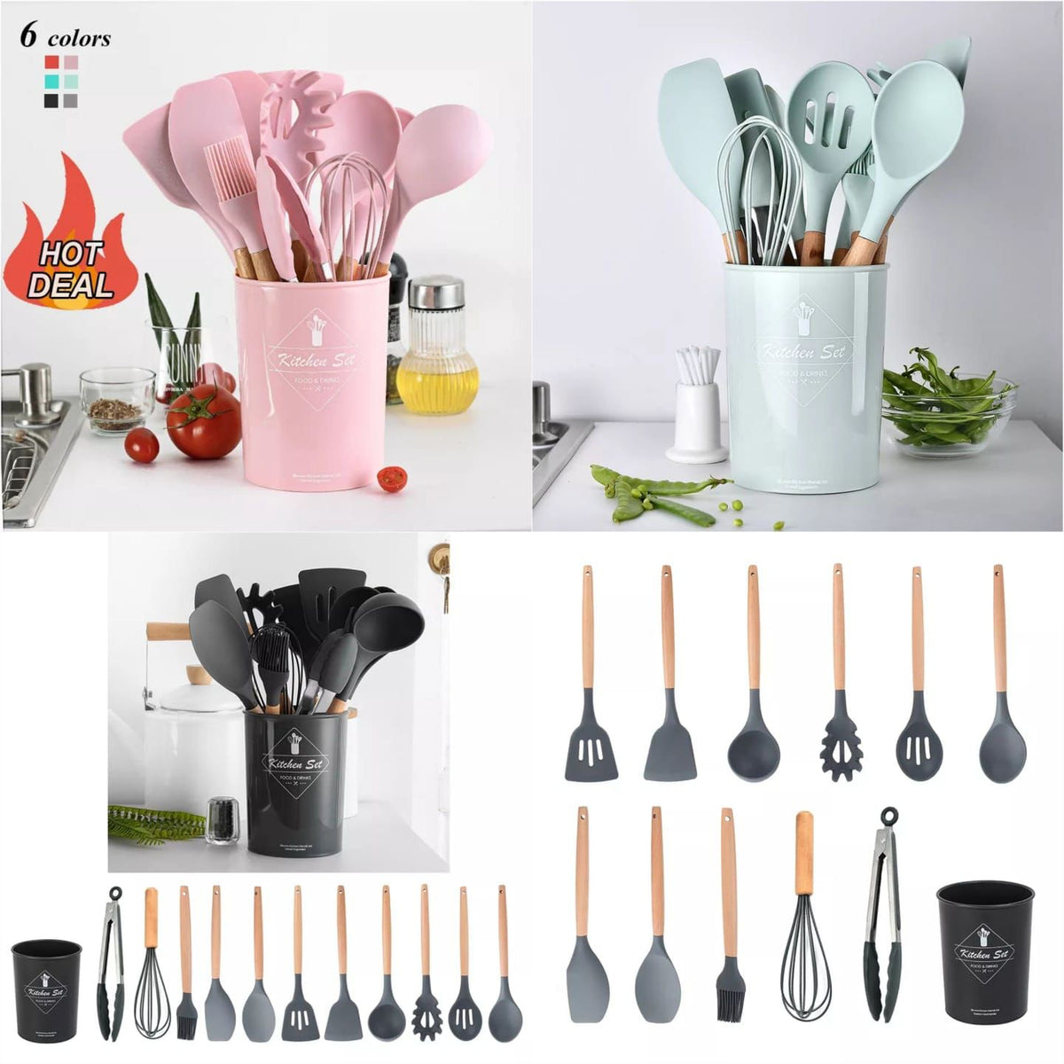 Kitchen Cooking Utensils Set Silicone Wooden Handle Spoon Whisk With Utensils Holder Storage 12pcs Cookware