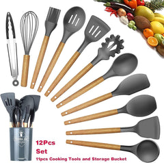 Kitchen Cooking Utensils Set Silicone Wooden Handle Spoon Whisk With Utensils Holder Storage 12pcs Cookware
