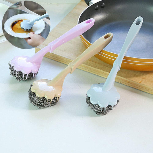 Cleaning Scrubber, Cleaning Brush Handle Steel Ball Wash Pot Kettle Pan Dish Kitchen Bathroom Tool