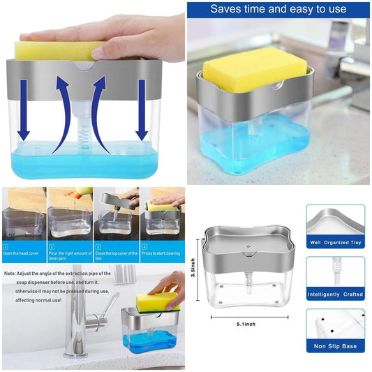 Dish Washing Soap Dispenser,Soap Dispenser Sponge Holder 2 in1push-type Automatic Liquid Box, scouring pad, Dish Washing Brush and soap Liquid