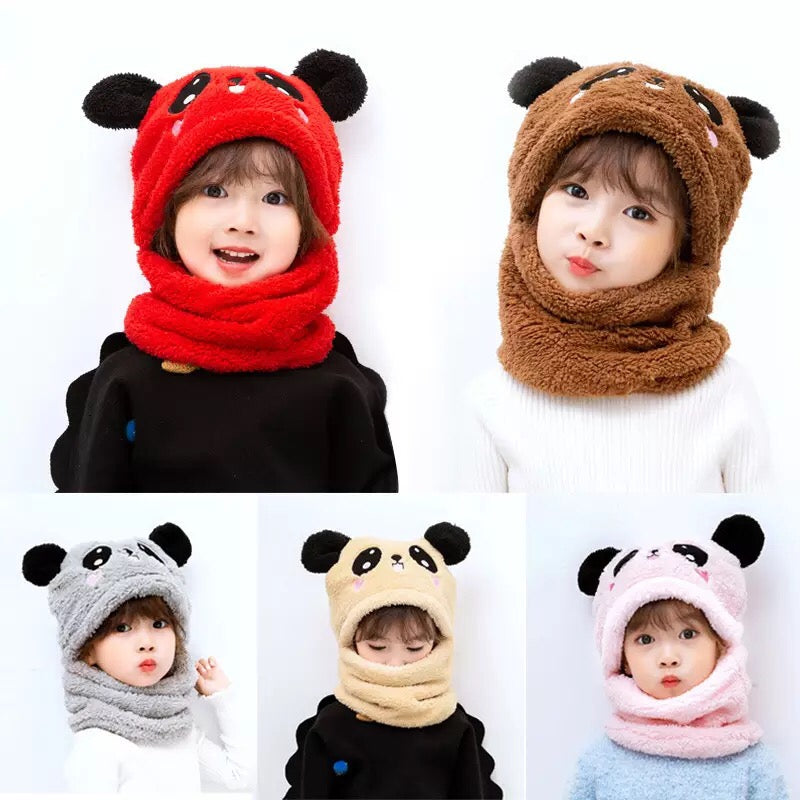 Baby Cap Set Velvet Cartoon Panda Rabbit Baby Head Cover Warm Neck Collar Kids Beanies Sets